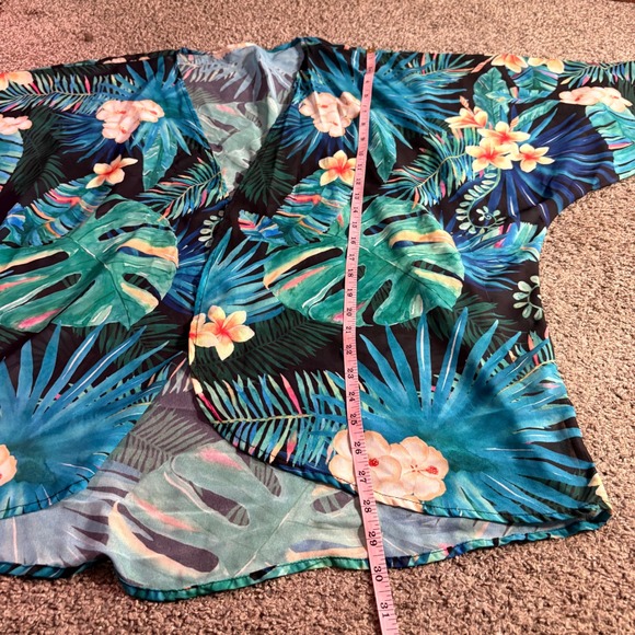 Unbranded Tropical Kimono Women One Size Blue Floral Leaf Sheer Beach Coverup - Picture 8 of 10